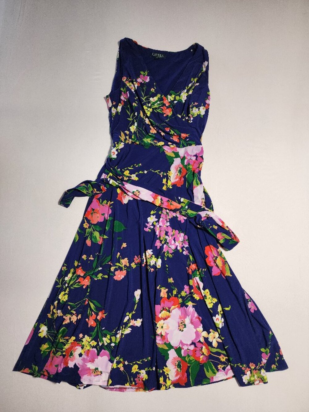 Lauren Ralph Lauren Navy Floral V-Neck Midi Dress Size 10 Belted Sleeves